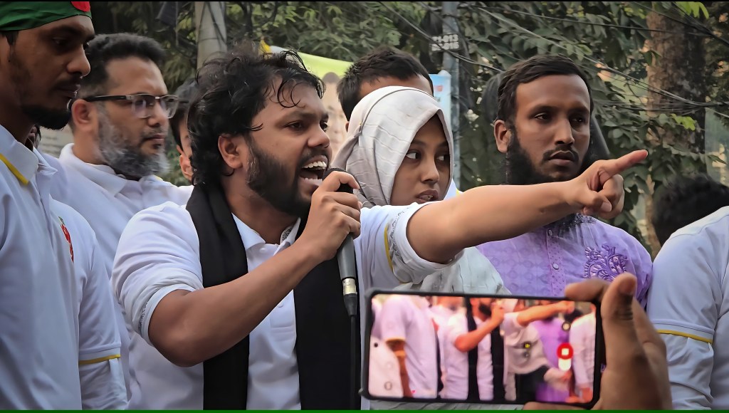 Sharif Osman Hadi is seen with fellow fighters at an event in Shahbagh, Dhaka, on November 26, 2025. Photo: Sharif Khiam Ahmed/One-man Newsroom